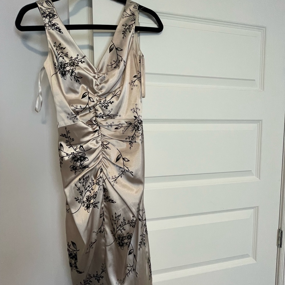 Le Chateau Gold Asymmetrical Ruched Midi Dress